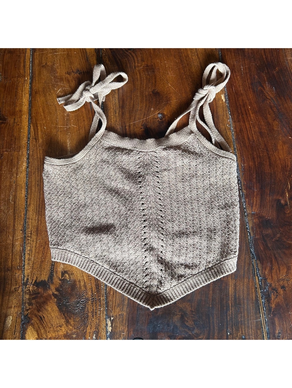 Brown Pointed Hem Tie-Strap Knit Tank Top | Cottage-core Crochet Summer Camisole